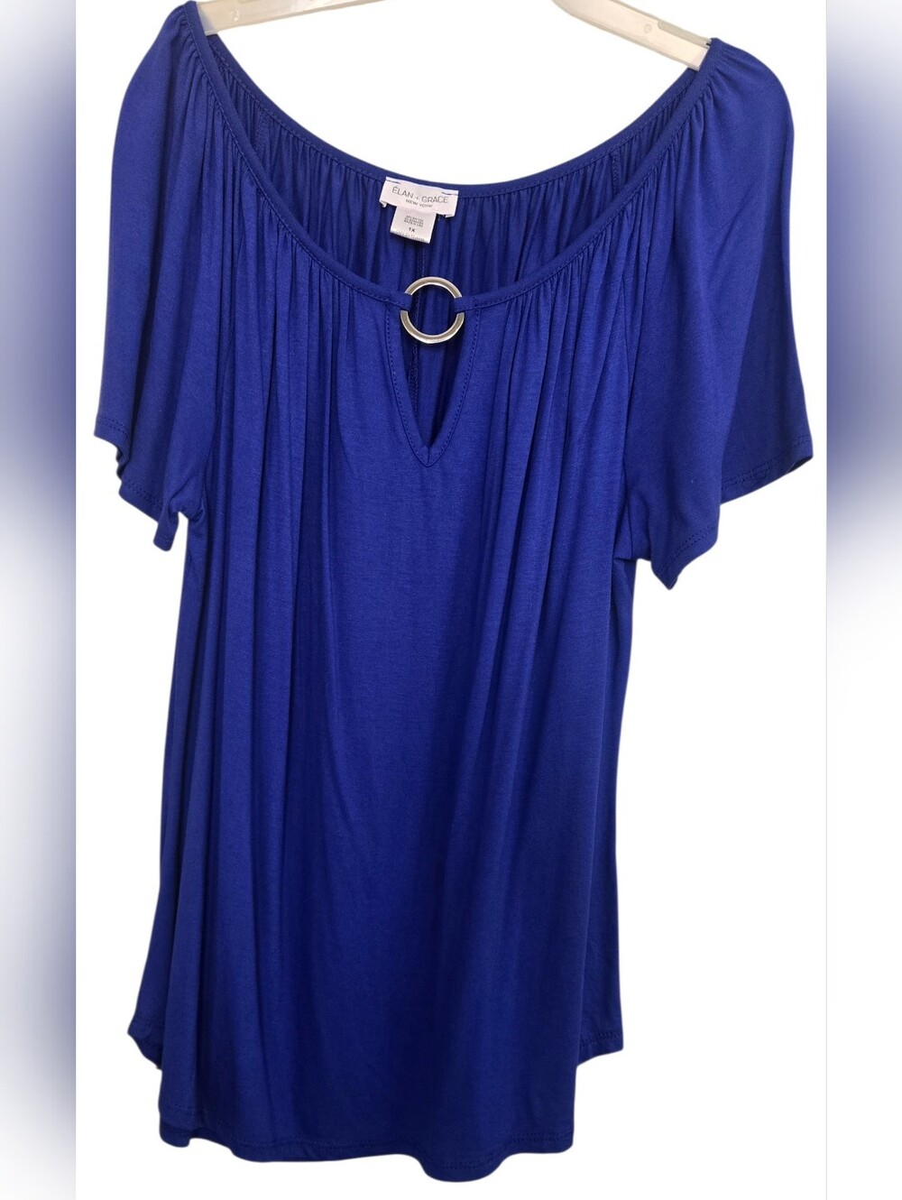 Elan Grace Royal Blue O-Ring keyhole  Pleated Blouse Top. Women's Size 1 X